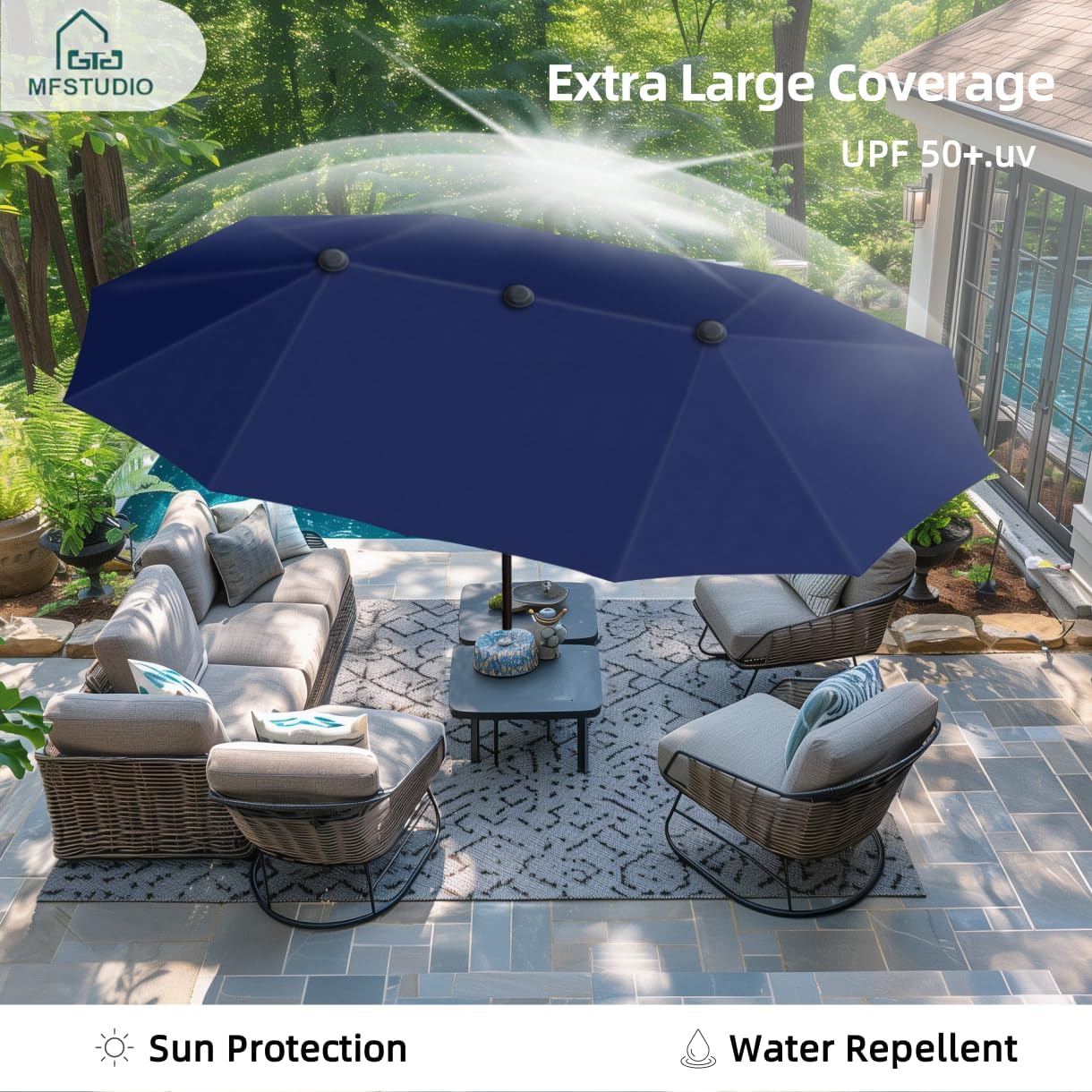 PHI VILLA 13 ft Outdoor Patio Umbrella, Large Rectangular Double Sided Market Table Twin Umbrellas with Crank Handle for Deck Pool, Navy Blue