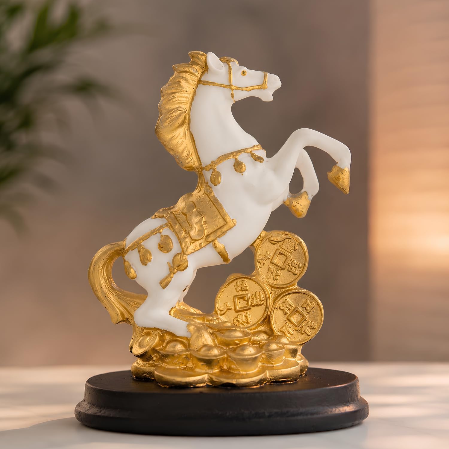 Lucky Horse Showpiece for Home Decor | White & Gold Rearing Horse Figurine with Coins Resin Decorative Statue for Office Desk Living Room Shelf Table Feng Shui Vastu Gift Item-image-37