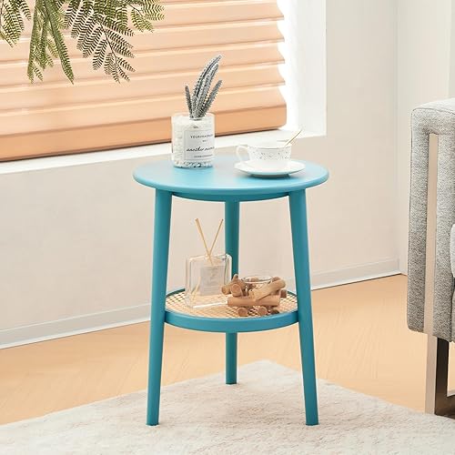 Miniatura 7 de Apicizon Mesa auxiliar redonda de 2 niveles, mesita de noche de ratán azul con almacenamiento, mesa auxiliar bohemia para sala de estar, dormitorio,
