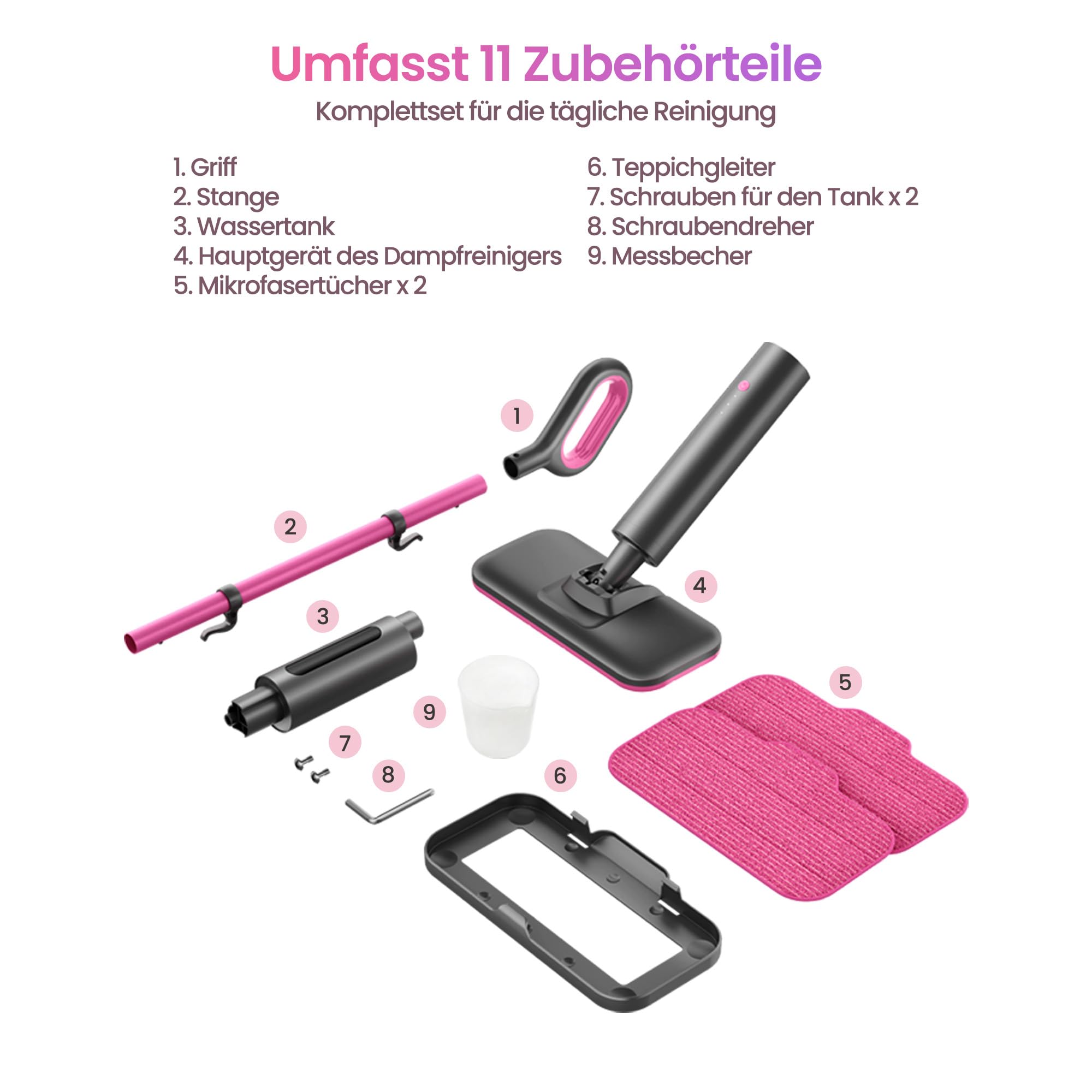 Schenley Leichter Dampfmopp für Hartböden & Teppiche | Dampfstufen, 10 Sek. Aufheizen, 120 °C Dampf, Bis zu 37 Min., 6 m Kabel, Kabelaufwicklung, Freistehend, Chemiefrei