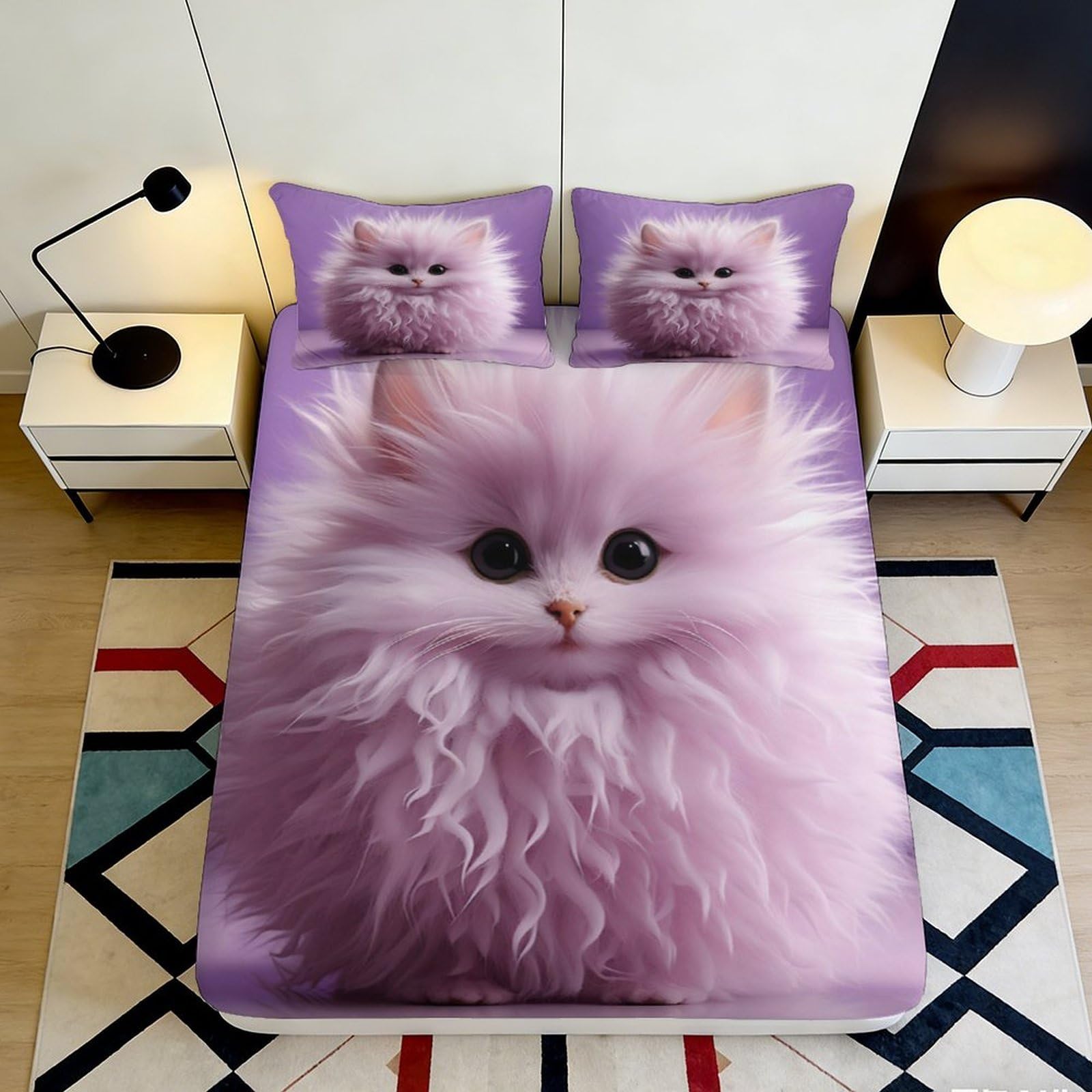 3D Printed Fluffy Pink Cat Fitted Sheet Microfiber Soft Breathable Cute Kitten Bed Cover for Bedroom Guest Room 90x200x25cm