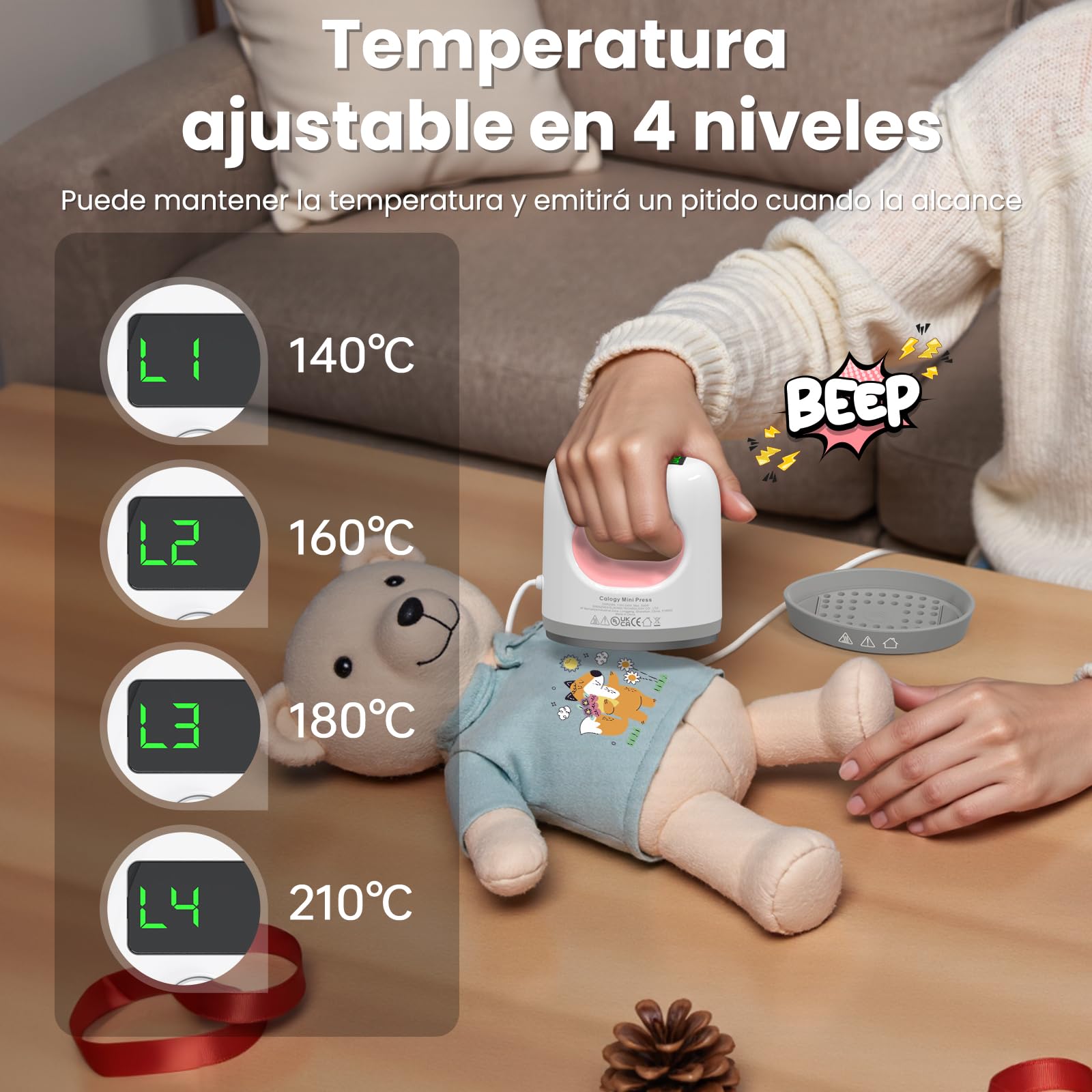 Calogy Prensa térmica Super Mini, 4 ajustes de temperatura máximo 210 °C, pantalla LED, 15 mins apagado automático, mini plancha de precisión para zapatos, gorras, posavasos y parches (Blanco Rosa)