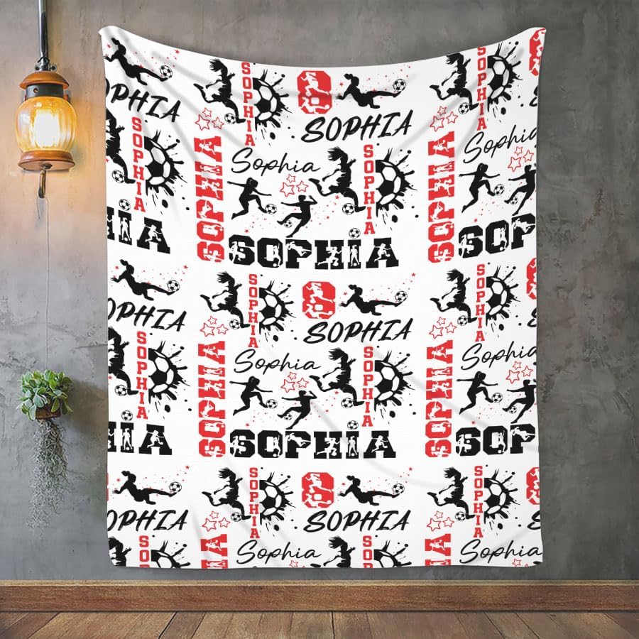 Miniatura 4 de Manta de fútbol personalizada, manta de fútbol personalizada suave y acogedora manta de forro polar sherpa, manta con nombre personalizado para