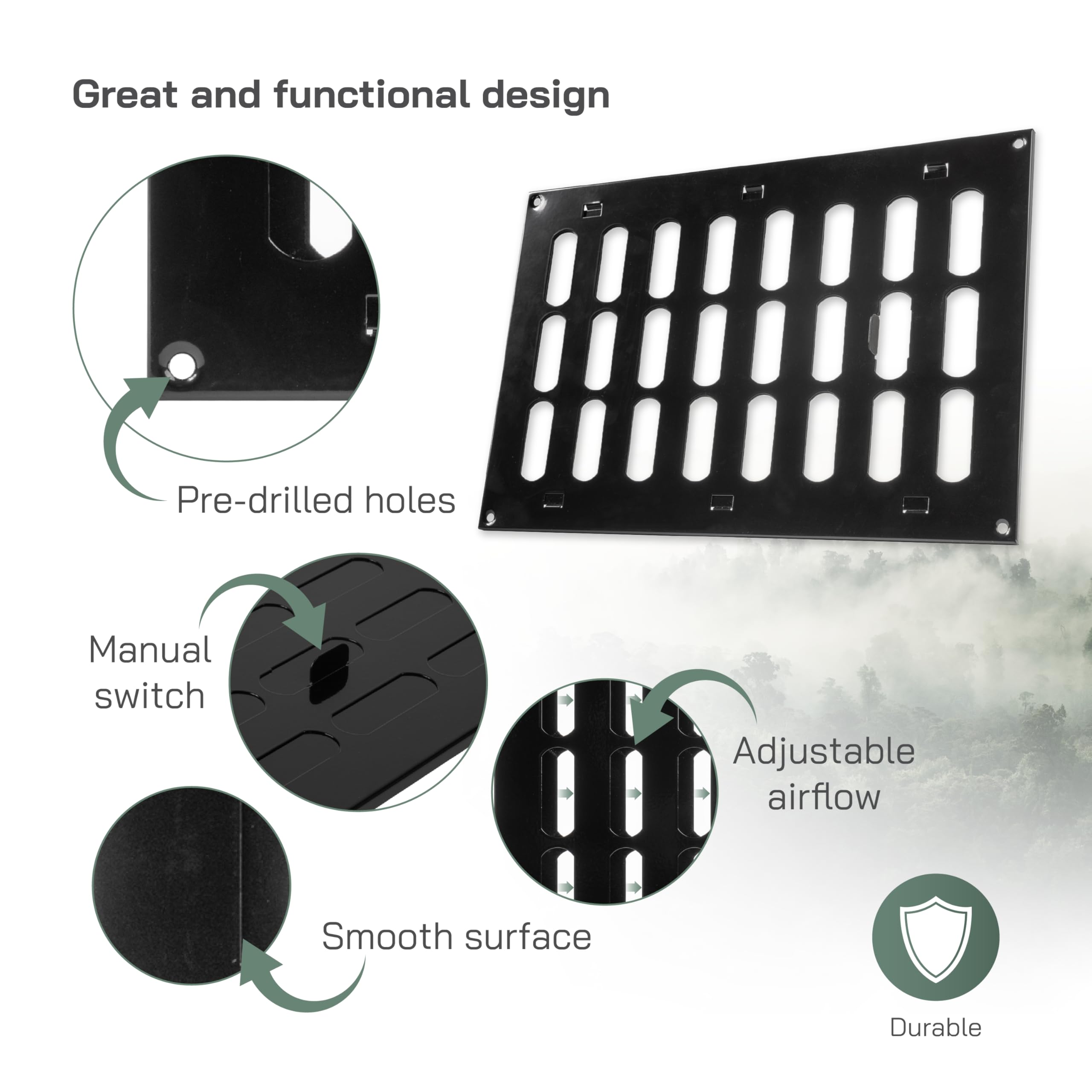 Vent Systems 300 x 200 mm / 12" x 8" Inch Vent Cover, Black Adjustable Metal Grill Cover, Air Supply Ventilation, Metal Grate - Image 4