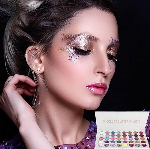 Miniatura 2 de SUMEITANG Paleta de sombra de ojos con purpurina gruesa prensada de 40 colores, pegamento autoadhesivo en gel con purpurina altamente pigmentada,