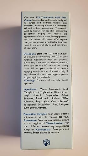 Miniatura 9 de OMIC Crema 10% de ácido tranexámico  1 onza líquida  1.0 fl oz  Crema iluminadora de la piel, reduce la apariencia de manchas oscuras, hidratante