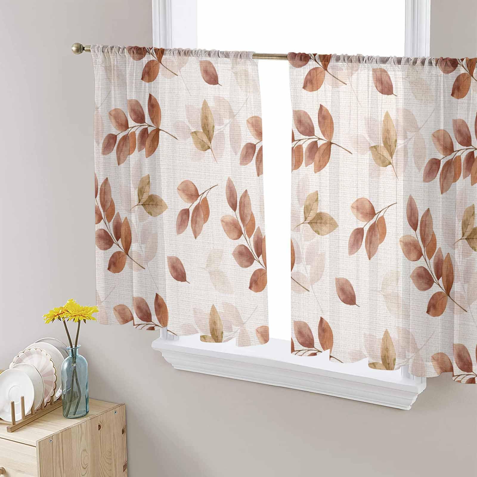 Fall Sheer Curtains 45 Inches Length, Thanksgiving Autumn Eucalyptus Leaves Linen Texture Short Rod Pocket Light Filter Sheer Panels Privacy Semi