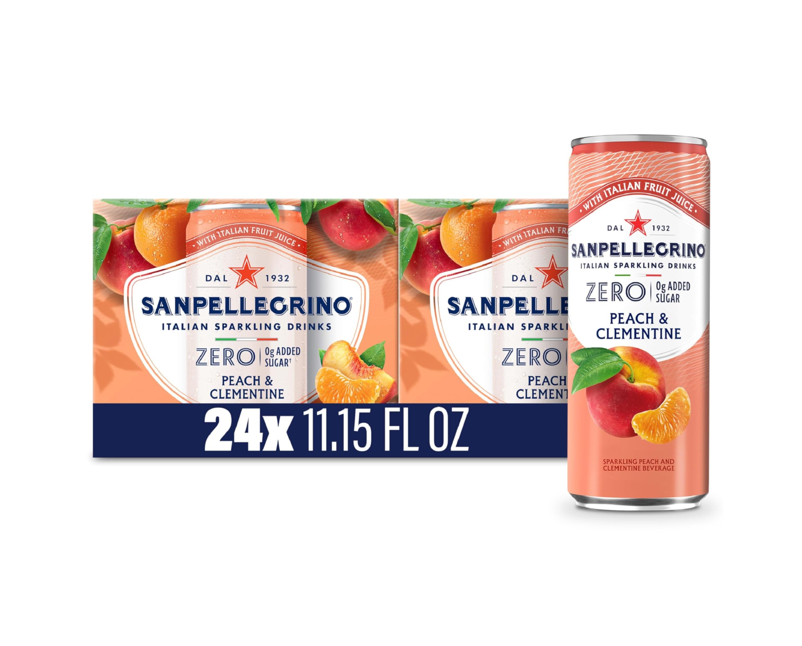 San Pellegrino Sanpellegrino Zero Grams Sugar Added Italian Sparkling Beverages, Clementine Peach Sparkling Drink, 11.15 Fl Oz (Pack of 24)