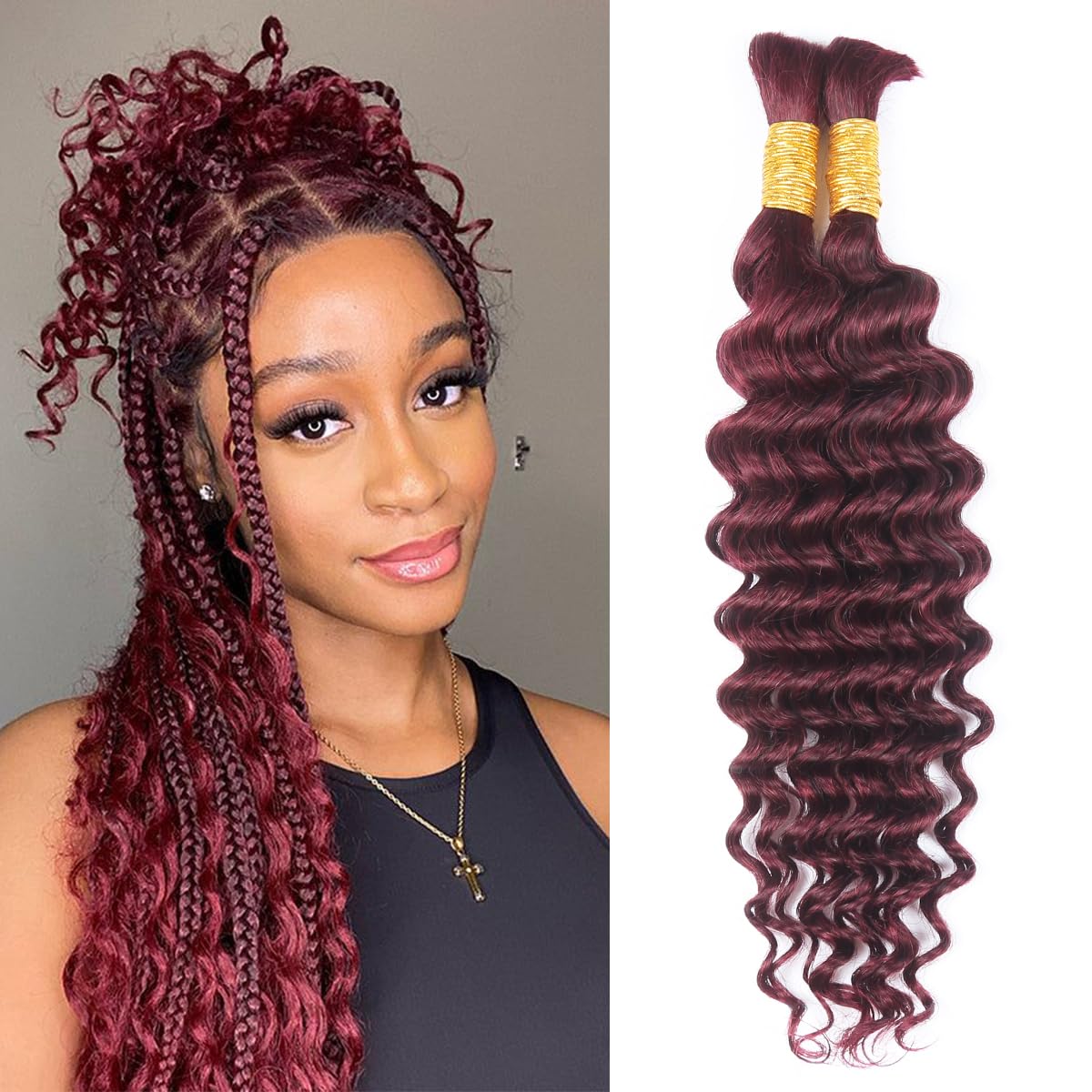 Menschliches Flechten Haar für Boho Flechten Burgund Deep Wave Bulk menschliches Haar für Flechten 45cm 18 Zoll #99j Curly menschliches Haar Flechten Keine Schussbündel für Frauen