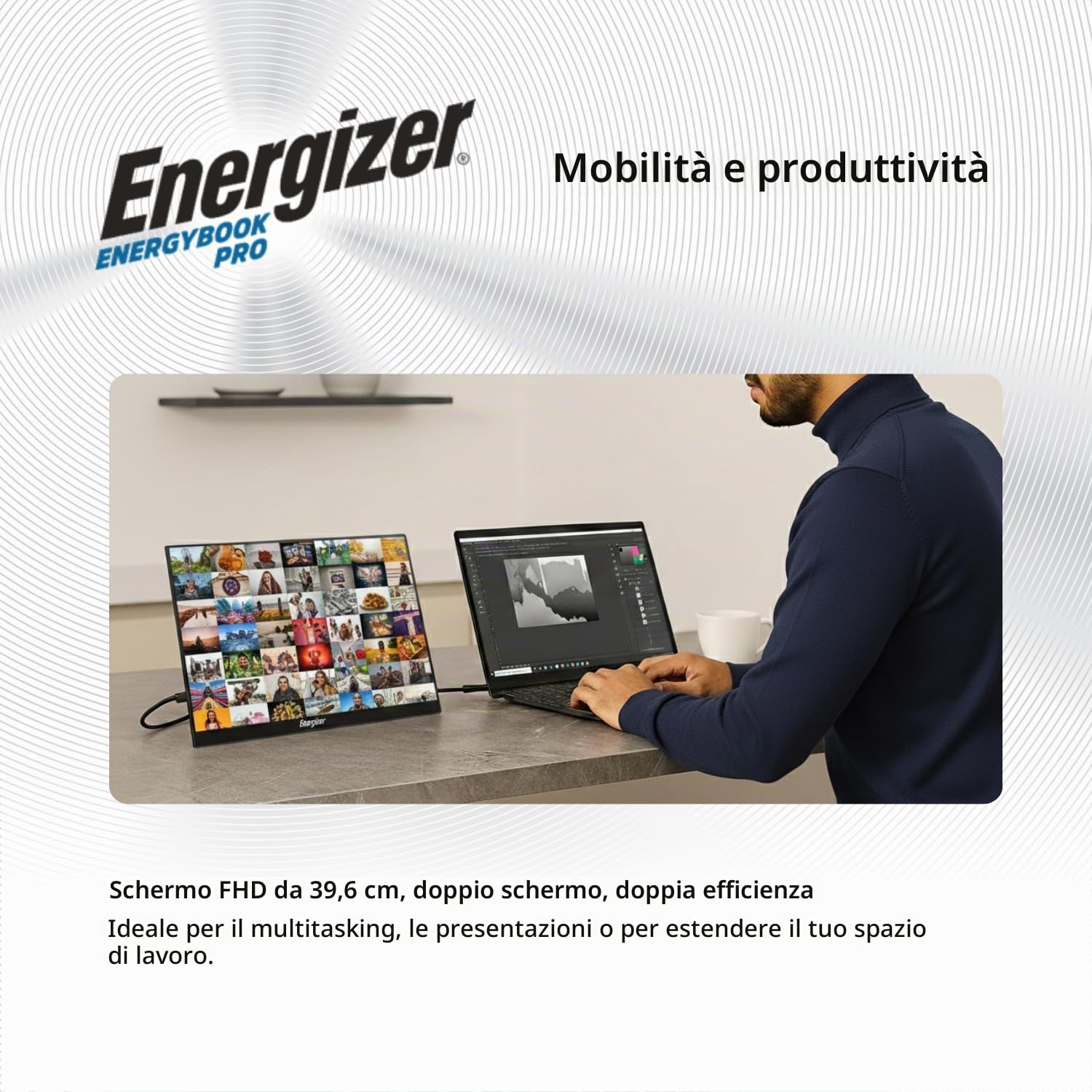 Energizer Monitor Portatile 15.6" FHD 1080p IPS - Schermo Esterno Ultra Sottile e Leggero per PC, Mac e Smartphone, USB-C e Mini HDMI, Altoparlanti Integrati - Nero