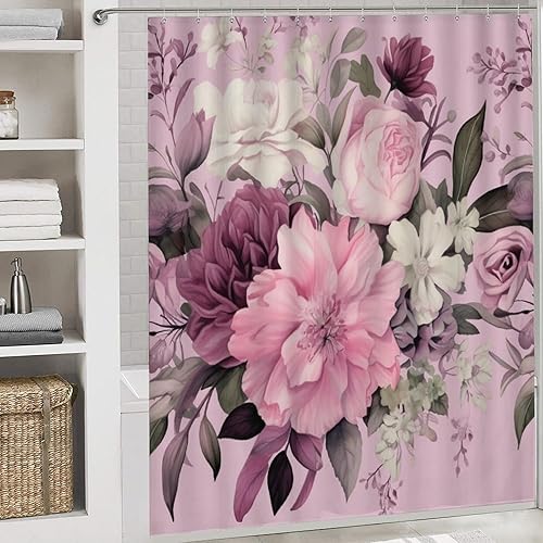 Miniatura 5 de Juego de 4 alfombras de baño con cortina de ducha, flores femeninas, lila, rosa, rubor, verde, oscuro, cubierta para tapa de inodoro y tapete