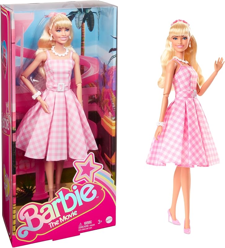 Barbie The Movie Doll, Margot Robbie as, Collectible Doll Wearing Pink and White Gingham Dress with Daisy Chain Necklace​​​​