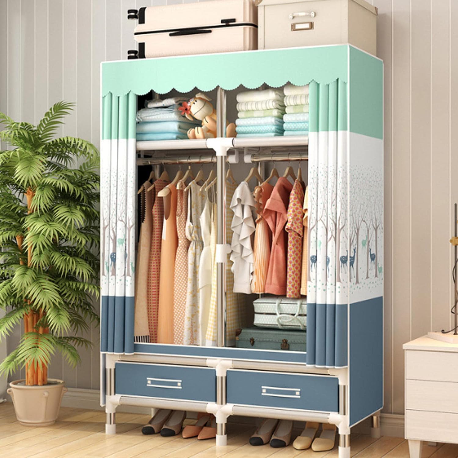 Portable Canvas Wardrobe,Foldable Clothes Closet Storage Organizer,Fabric Wardrobe with Hanging Rail,Fabric Cover,Storage Closet for Clothes,Bags,B-100x45x172cm