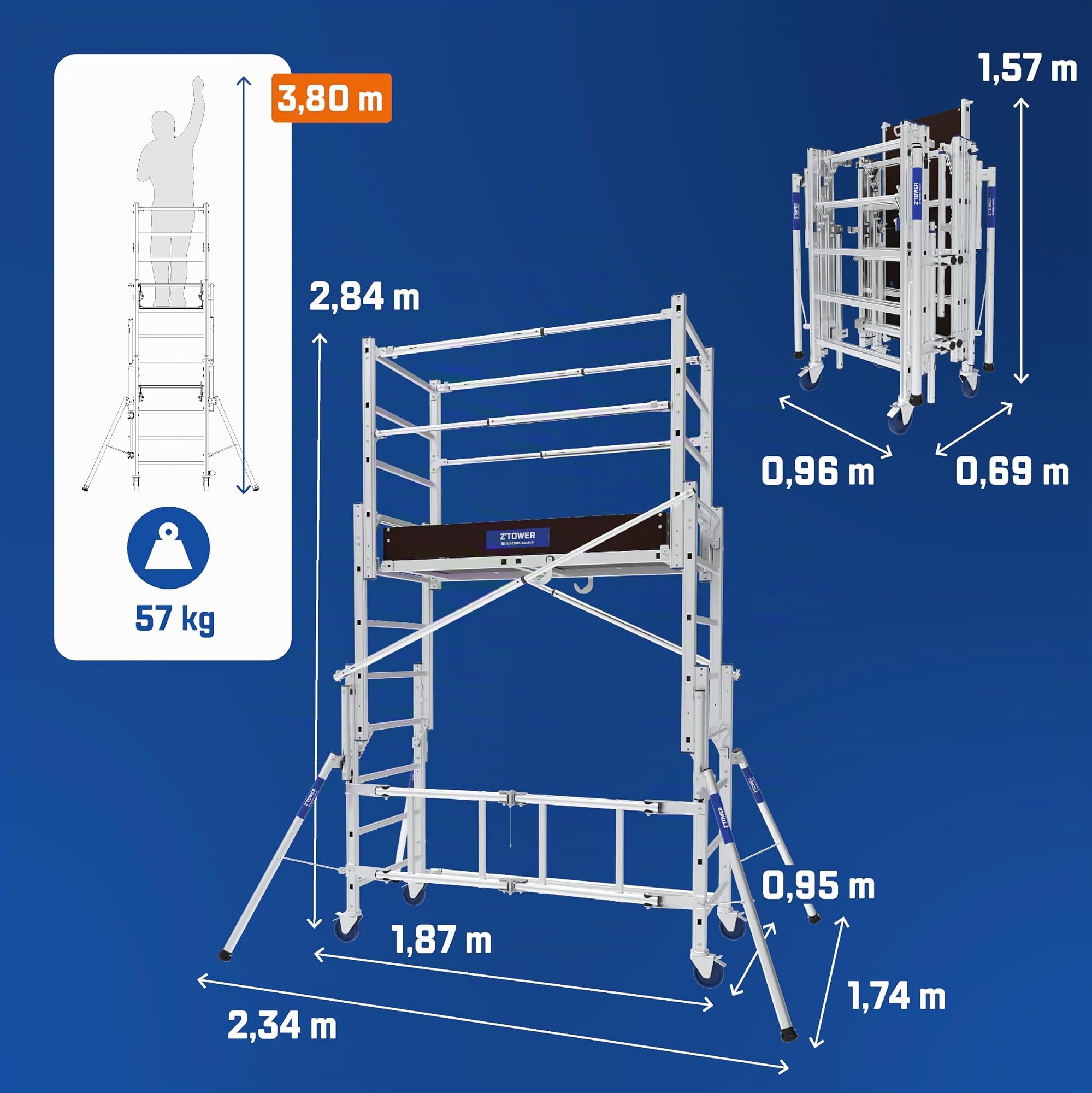 Tubesca-Comabi - Échafaudage Roulant Télescopique Z'TOWER - Ultra Compact, Usage Intensif - En Aluminium - 7 Niveaux de Plancher - Montage Ultra Rapide - Charge Max 200 kg - Fabriqué en France