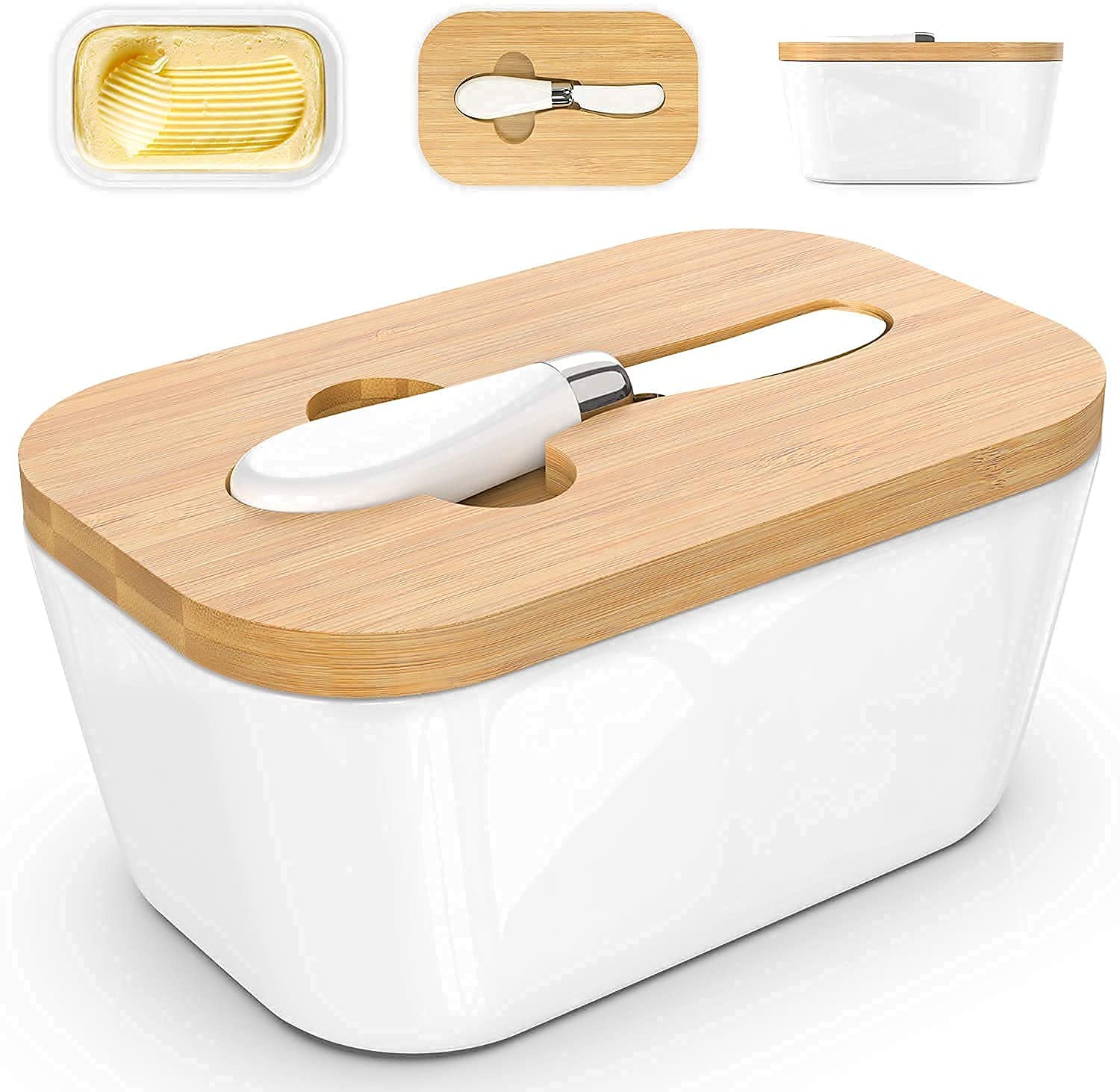 HEDRIX Butter Dishes Box Premium Quality Elite Range Heavy Fine Porcelain Butter Box,Butter Dish with Wooden Top Cover,Lid with a Knife (White) 1