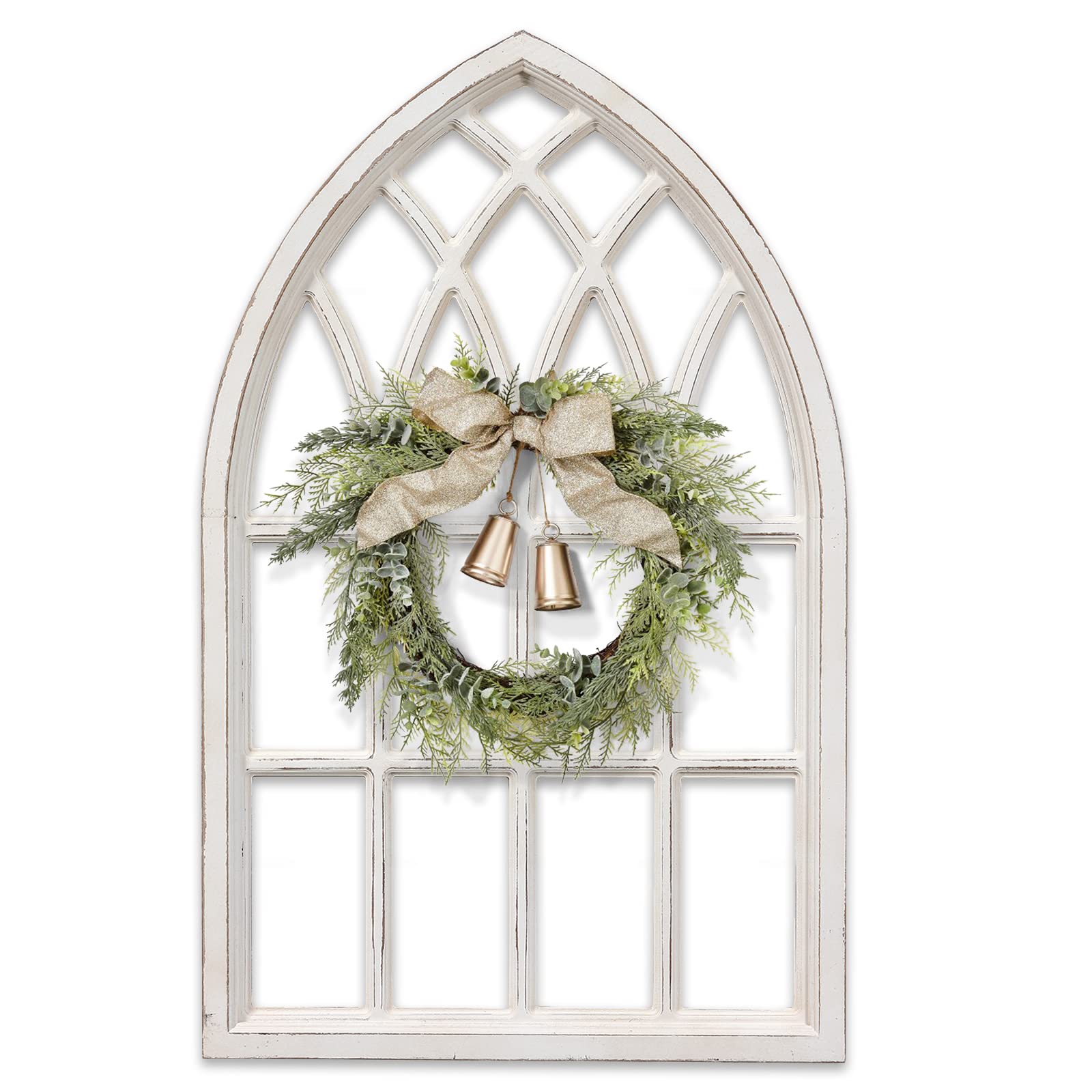 Sintosin Farmhouse Arched Window Frame for Wall Decor 80 x 50 cm, Rustic Wood Decorative Wall Panels White, Cathedral Hanging Wall Art for Living Room, Hallway