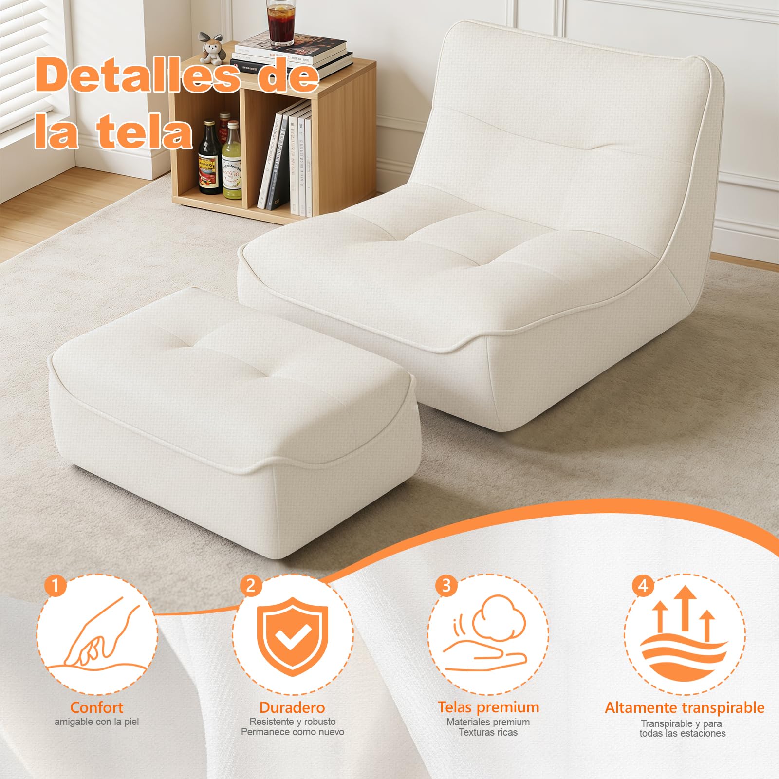 Sofá Puf, Grandes Tumbonas Puf con Otomana para Adultos y Niños Cómodo Sofá de Suelo con Relleno de Espuma Viscoelástica para el Dormitorio y el Salón