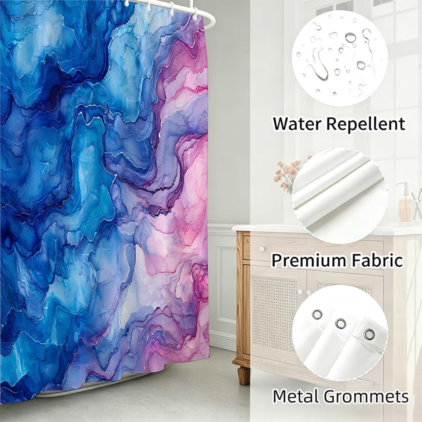 Blu pavone Tenda Doccia 240x200cm,Tenda per Doccia Tessuto Poliestere Impermeabile Asciugatura Rapida con 12 Anelli,Tende Finestra Bagno e Vasca Pieghevole per Angolare Casa Shower Curtain marmo J-708