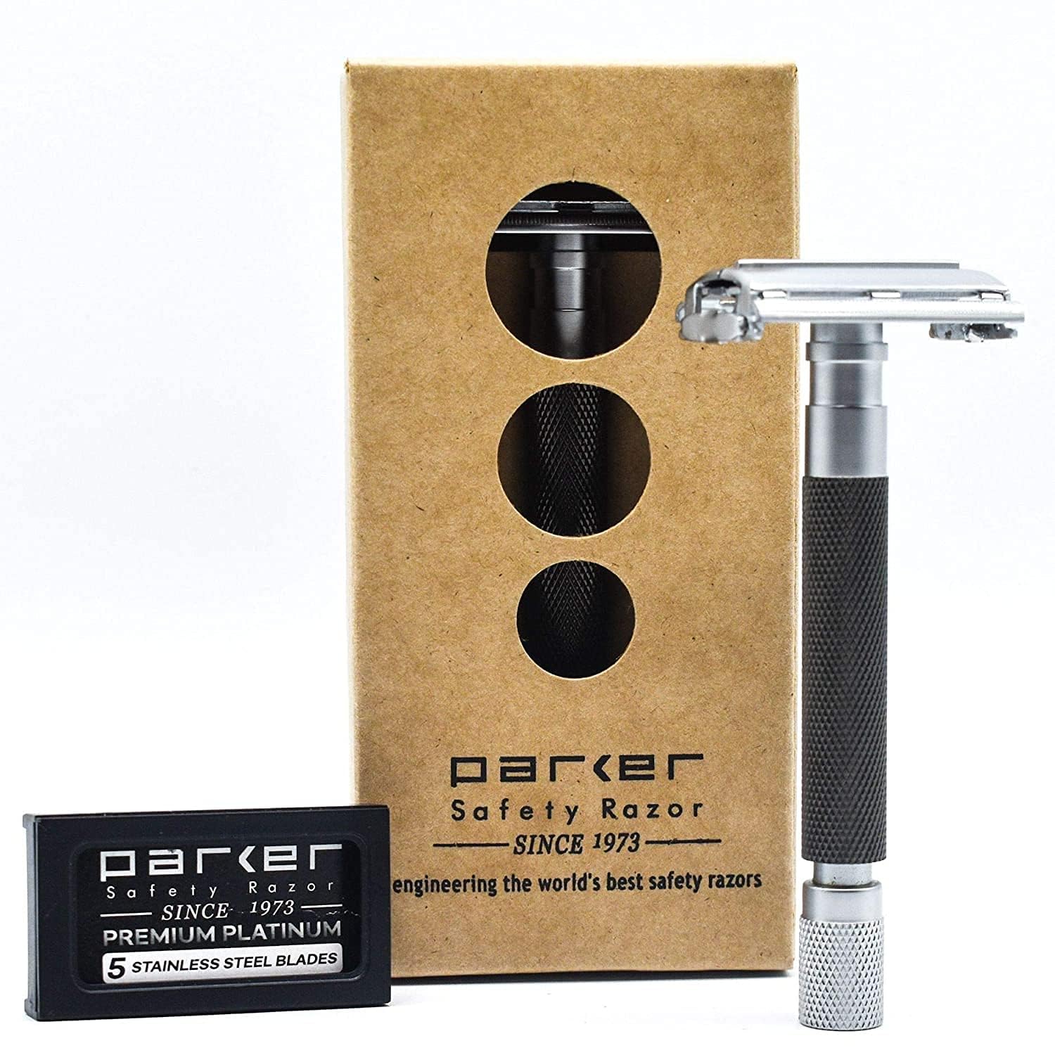 Parker 74R Graphite Gray Long Handle Butterfly Open Safety Razor for Men Heavyweight Double Edge Wet Shaving Razor