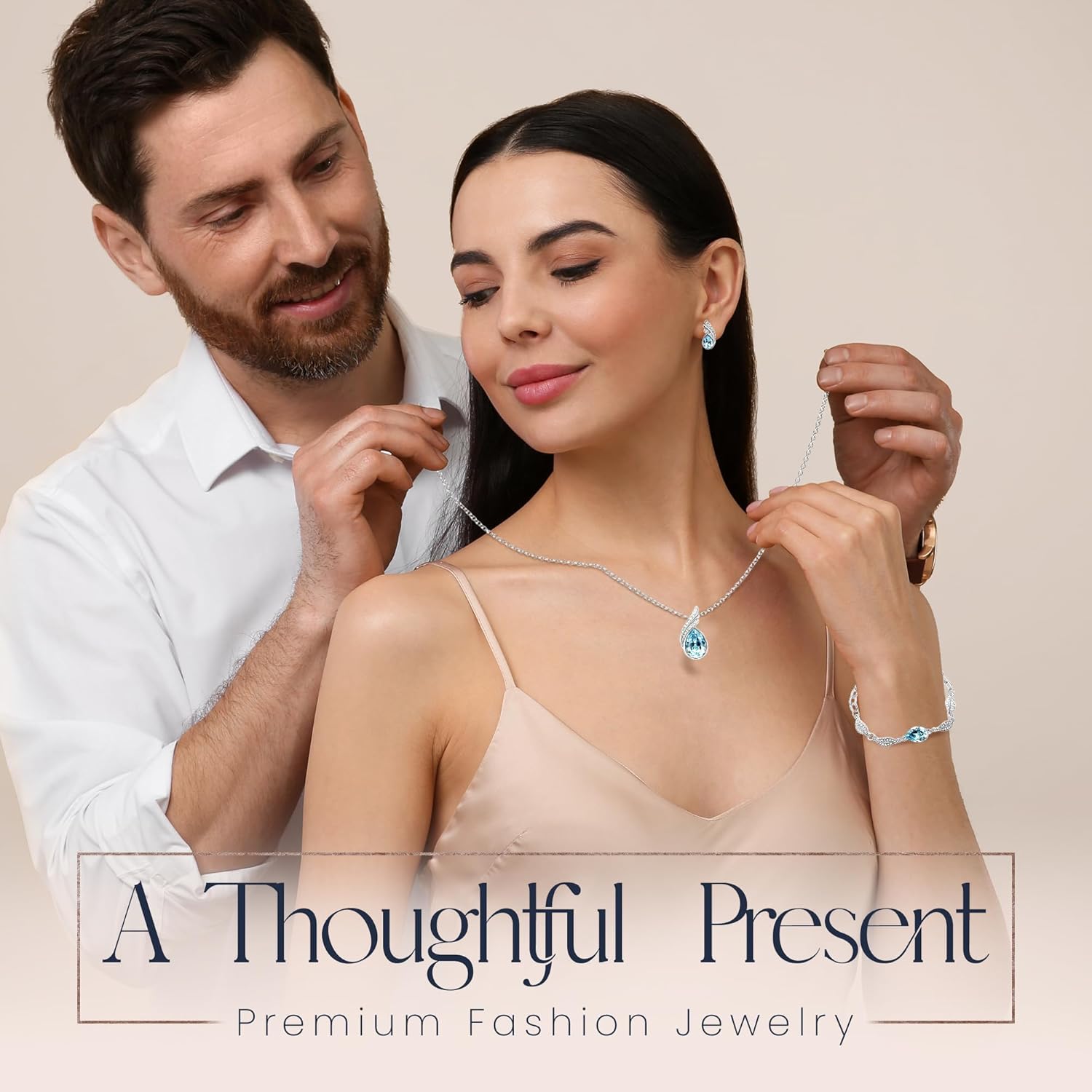 Crystalline Azuria Teardrops Crystals Blue Simulated Aquamarine Set Pendant Necklace 18 inches Earrings Bracelet 18K White Gold Plated - Image 7