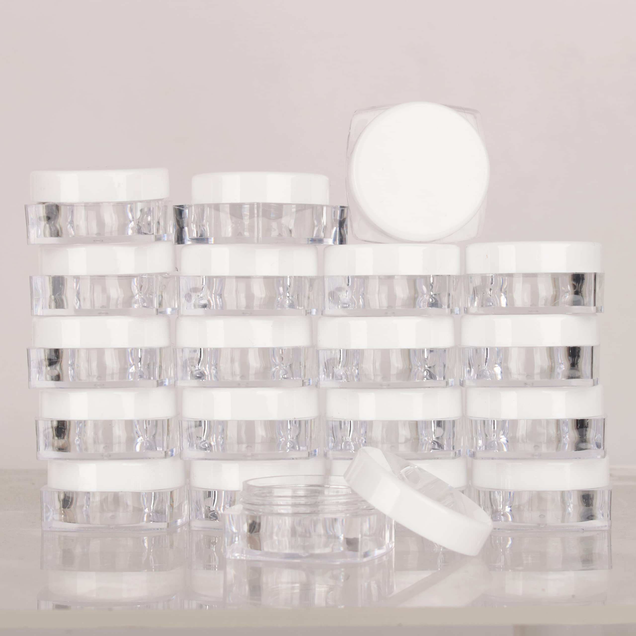 25pcs empty 5g clear Sqaure plastic jar small pot containers for makeup lip balm powder 0.17OZ tiny mini cream jars with white lids travel container bottles