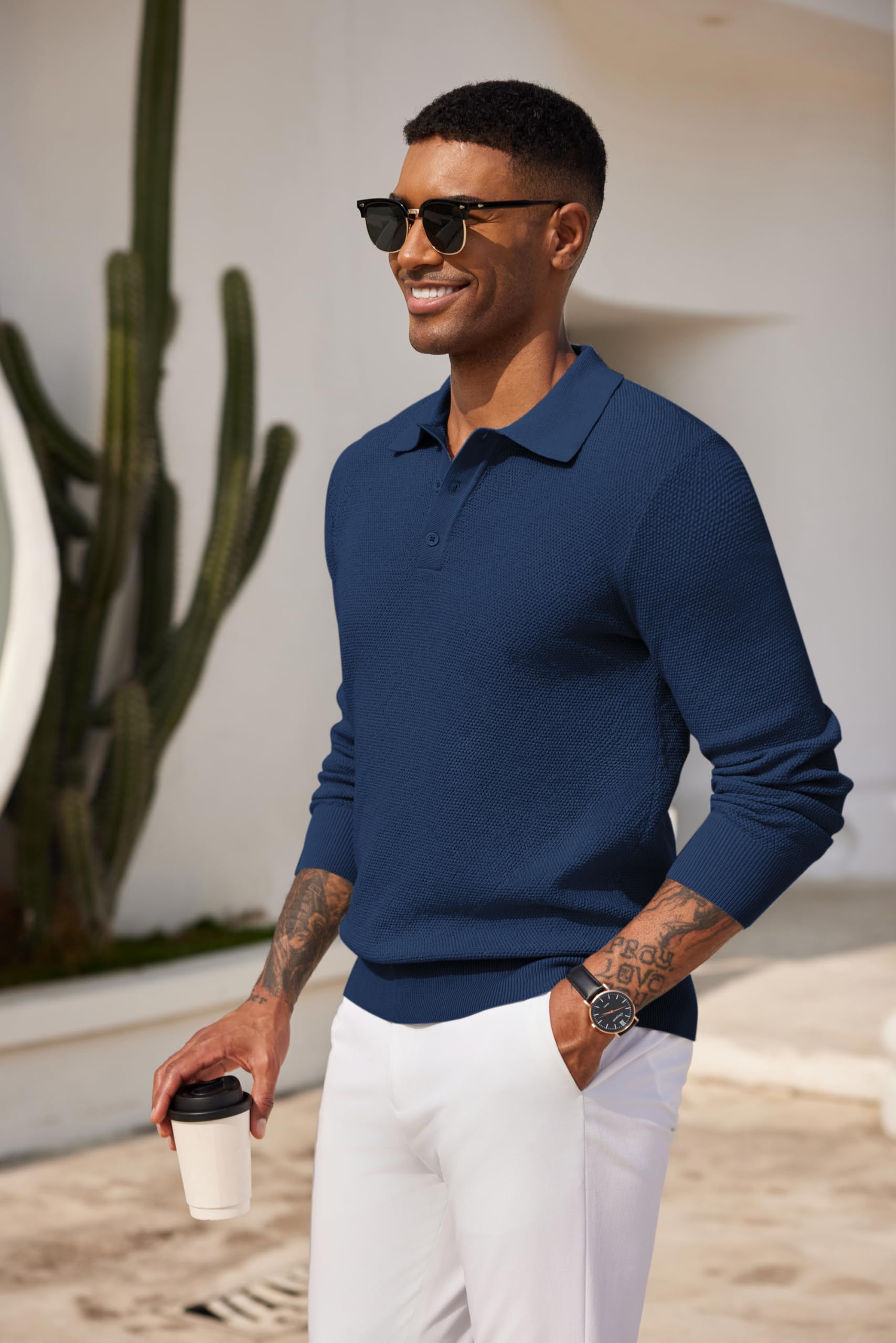 COOFANDY Polo da uomo a maniche lunghe casual maglione pullover