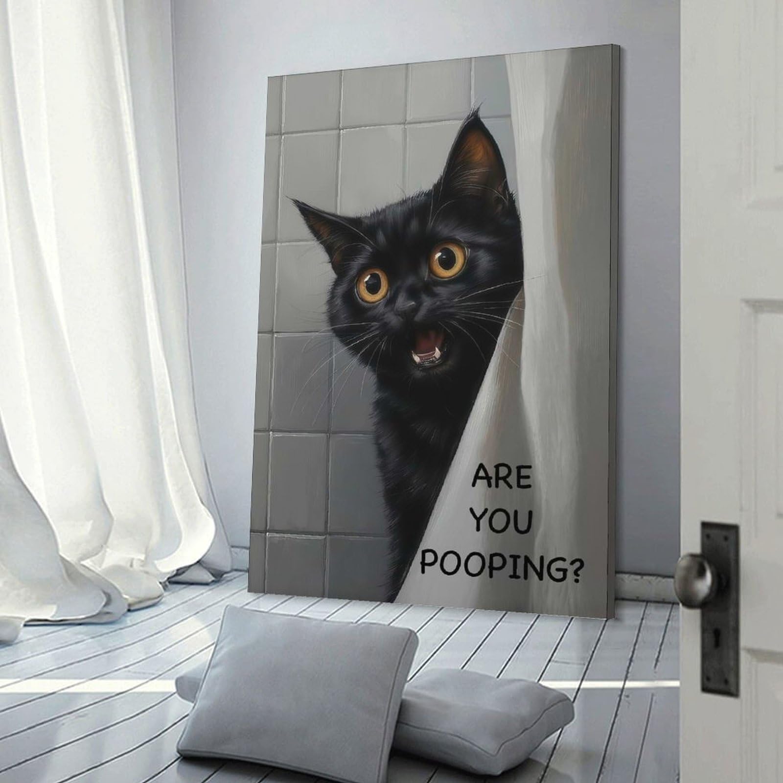 Junmoney Frame-Style-18 Surprised Black Cat In Bathroom Toilet Canvas Wall Art, 24X36inch(60X90cm), For Living Room, Bedroom Or Apartment Walls, Decorative Artwork For Empty Walls