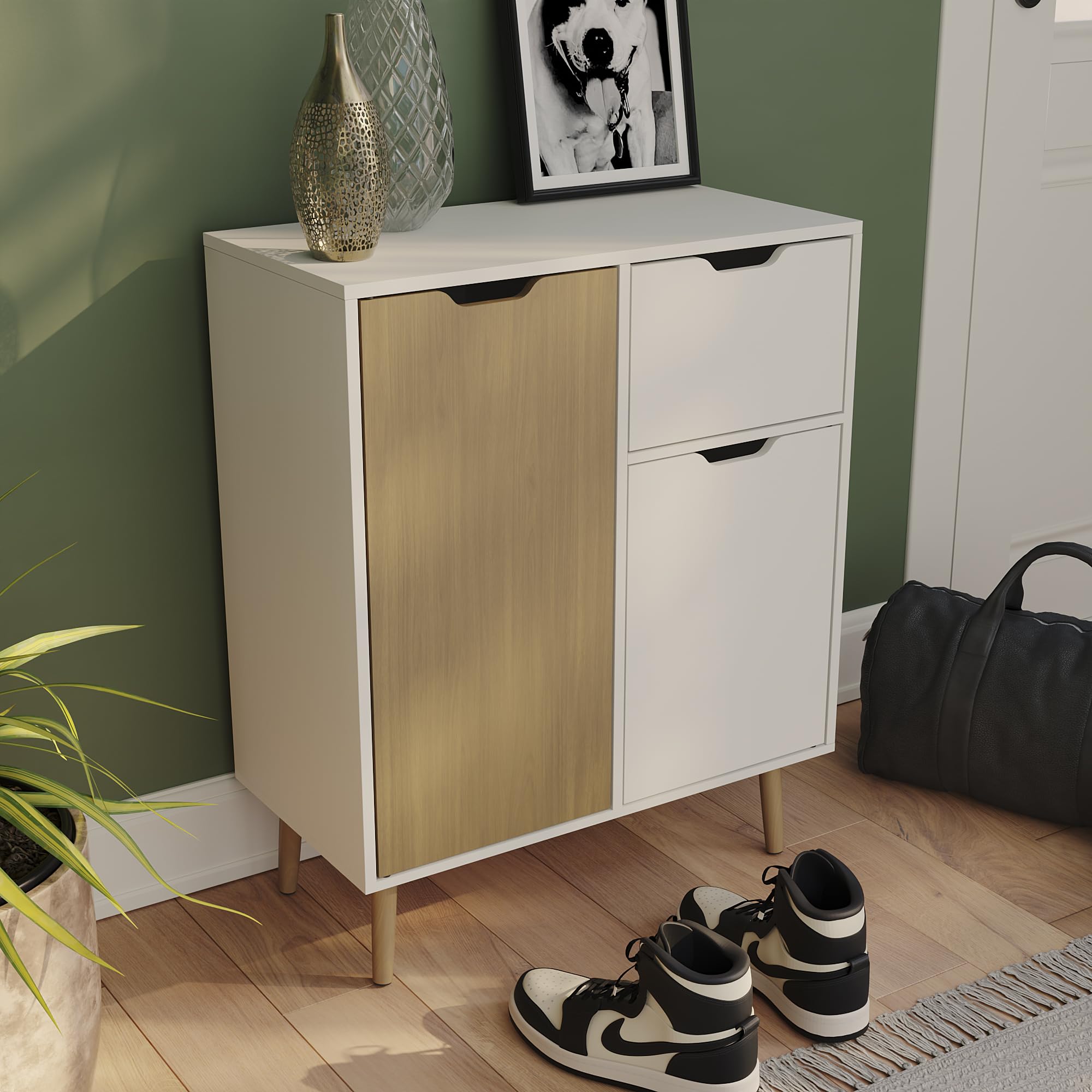 Vida Designs Sideboard Storage Cupboard Cabinet with 1 Drawer for Living, Bedroom, and Dining Room (Oak & White, 2 Door 1 Drawer)