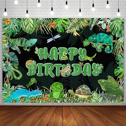 AIBIIN Telón de fondo de feliz cumpleaños de reptil verde de 7 x 5 pies, selva, safari, serpiente, niños, decoración de fiesta de cumpleaños, cobra,