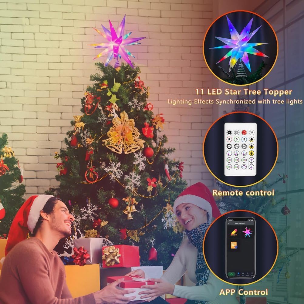 Smart Christmas Star Tree Topper, 3D Lighted Star Topper Christmas Tree Decoration, RGB Music Sync App Remote Control LED Star Tree Topper for Outdoor