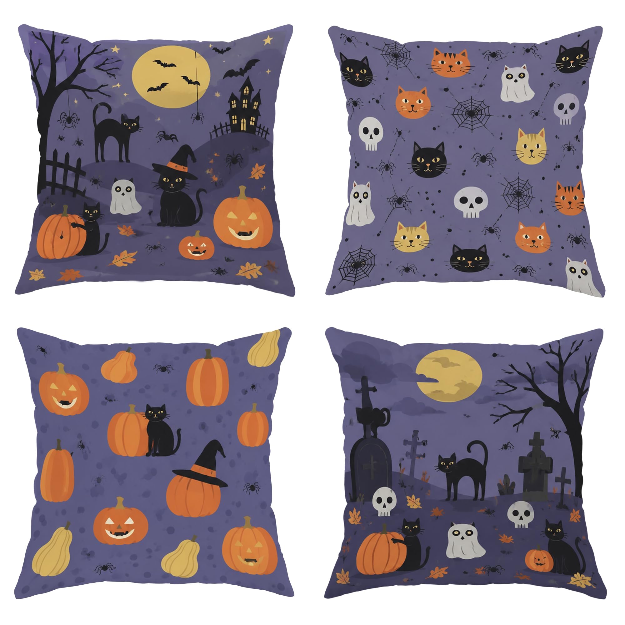 Housses de coussin Halloween à motif chat et citrouilles avec zip invisible violet