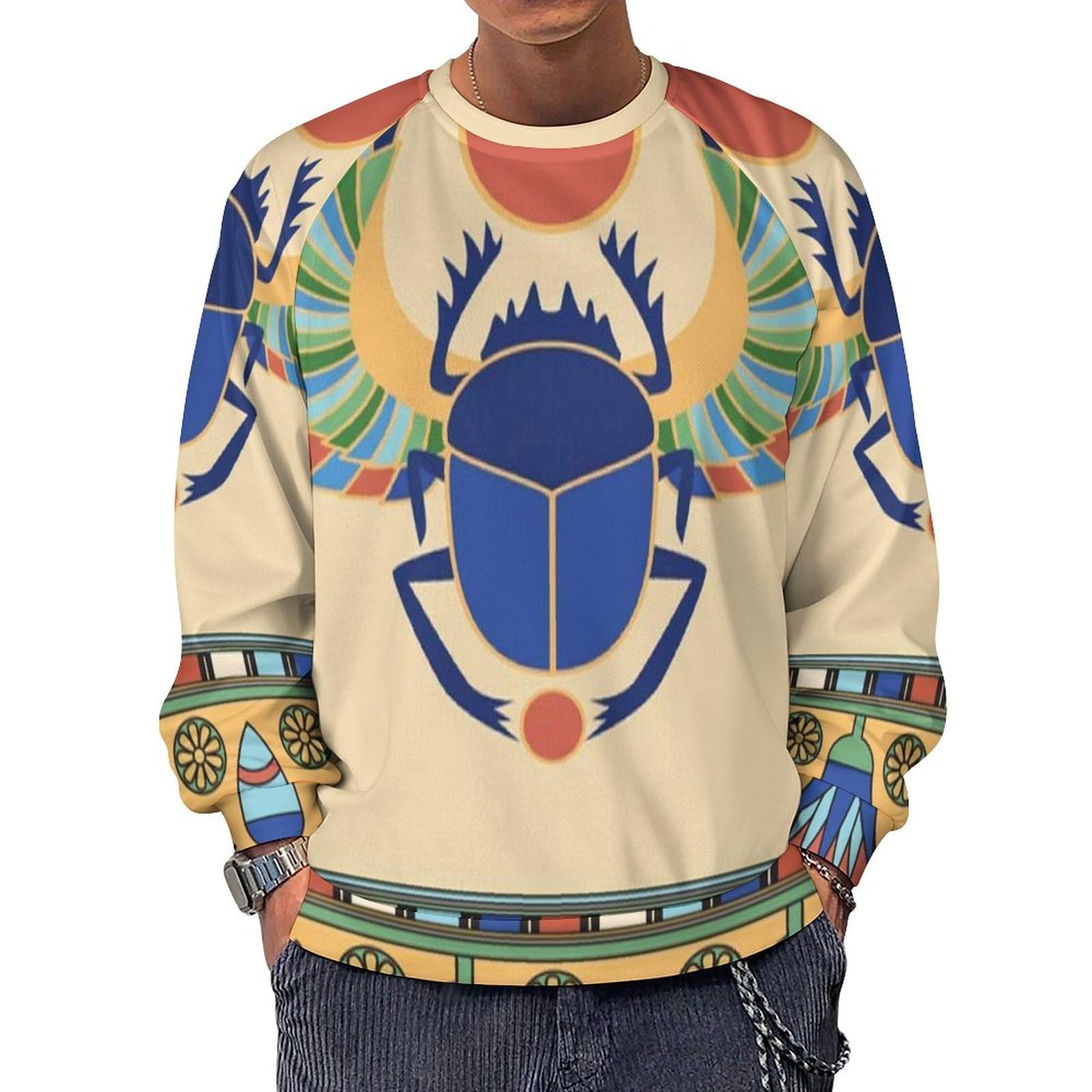 Qjjinxior Men's Egyptian Scarab Long-Sleeve Crewneck Sweatshirt, Lightweight Casual Jumpers For