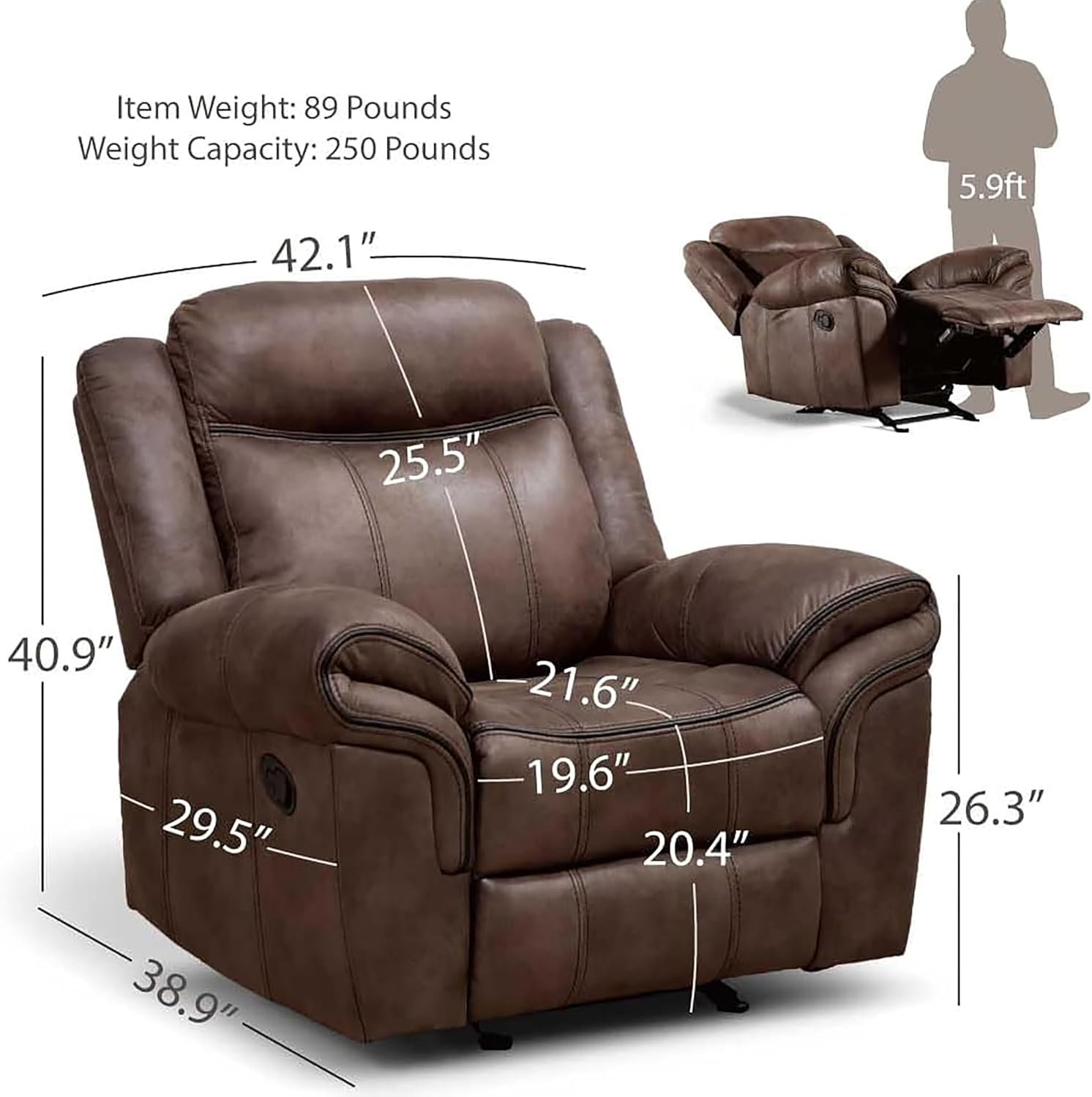 24/7 Shop at Home Amos Oversized Nursery Glider Recliner Chair for Adults, Manual Comfy Reading Couch, Overstuffed Sleeper Armchair, Adjustable Comfortable Theater Seating, for Living Room, Brown