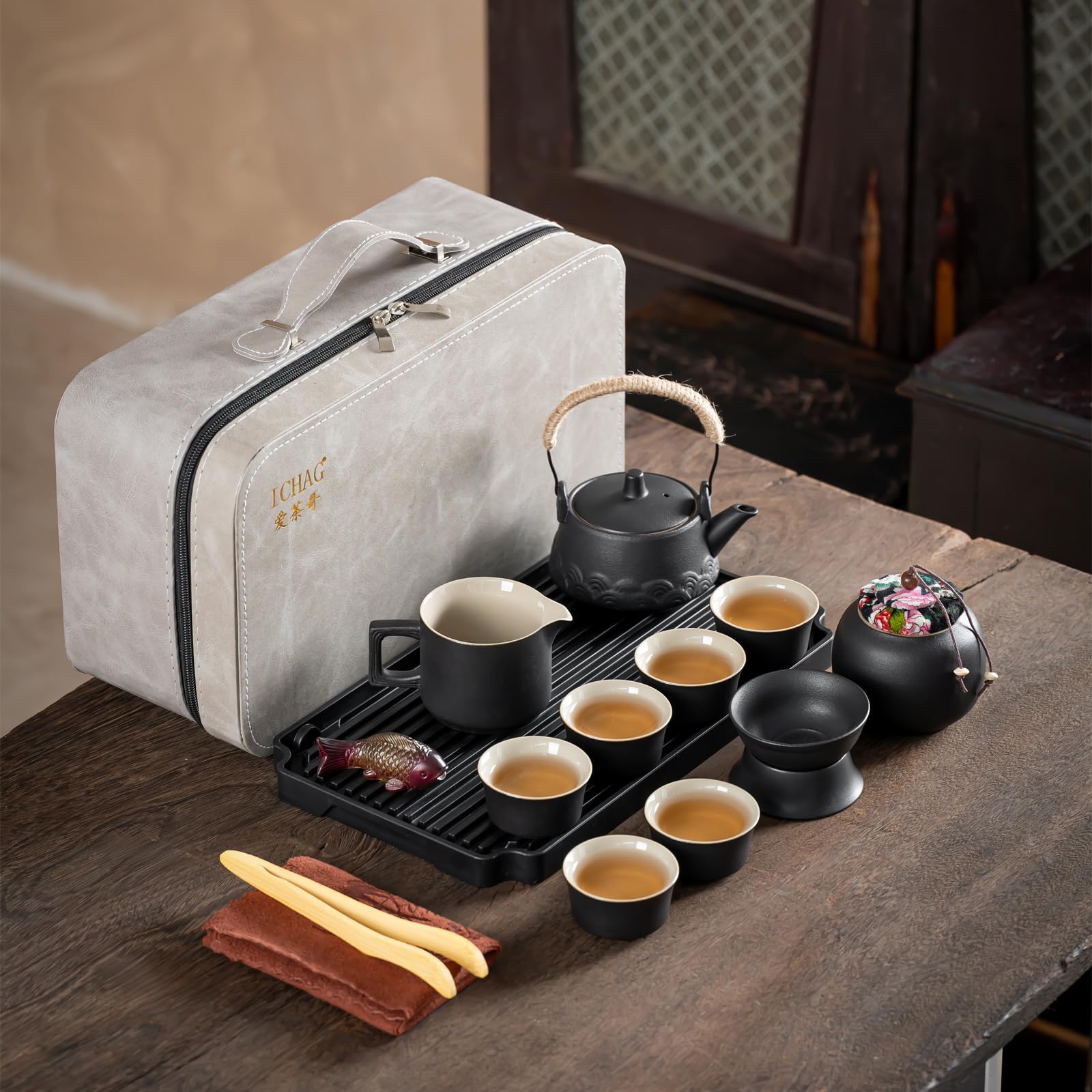 15-Piece Gongfu Tea Set with Tea Tray &amp; Color-Changing Tea Pet, Gray Porcelain Chinese Tea Set with Travel Bag, Portable Tea Set for Home Office Outdoor, Premium Tea Set Gift for Adults