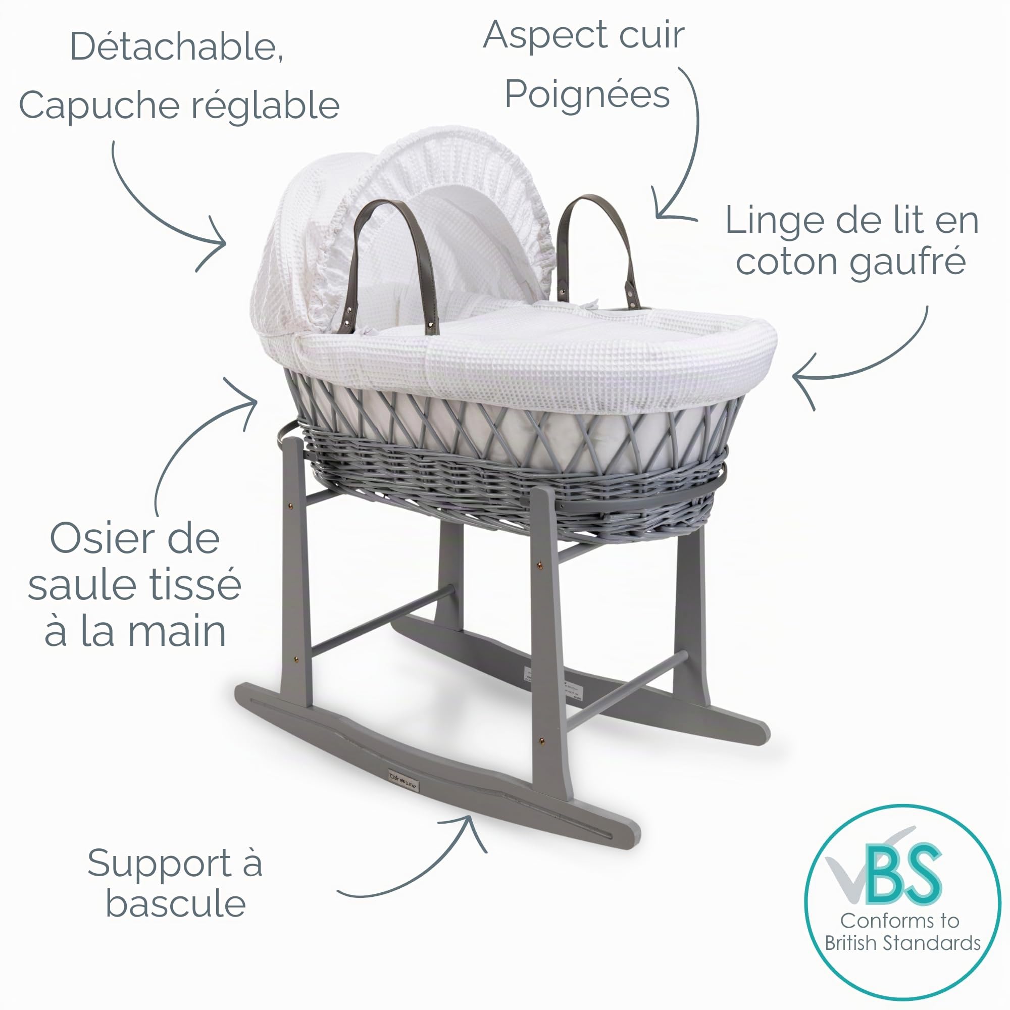 Clair de Lune Couffin en Osier Gris gaufré avec Support à Bascule Standard Gris – 68 x 30 cm (Blanc)