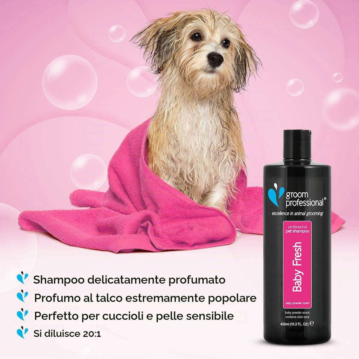 Groom Professional Baby Fresh Dog Shampoo (4 L) – Salon Size 20 : 1 Concentrate, Gentle Aloe Vera Formula, Deep Cleaning for Puppies or Sensitive Skin, Fresh Baby Powder Scent, Made in UK