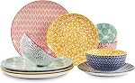 Selamica Ceramic Dinnerware Sets, 12-Pieces Plates and Bowls Sets, Scratch Resistant Dishes set for 4, Dishwasher & Microwave Safe, Assorted Colors