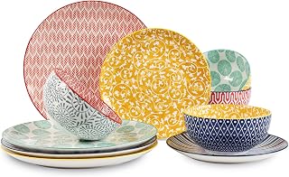 Selamica 12-Piece Ceramic Dinnerware Set for 4 - Scratch-Resistant Plates & Bowls, Dishwasher Microwave Safe, Vibrant Mix-Match Colors