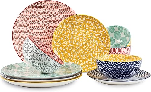 Selamica Juego de vajilla de cerámica, 12 piezas platos y cuencos, juego de platos y cuencos resistente a los arañazos para 4, apto para Colores