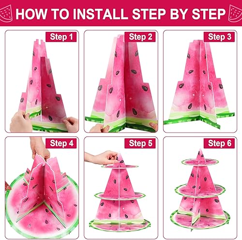 Miniatura 4 de Sliner Soporte para cupcakes de sandía de 3 niveles, decoración de fiesta de verano con tema de sandía, torre de postre de cumpleaños rosa para