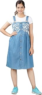 HI-FASHION Front Embroidered Denim Casual Dress for Women/Girls
