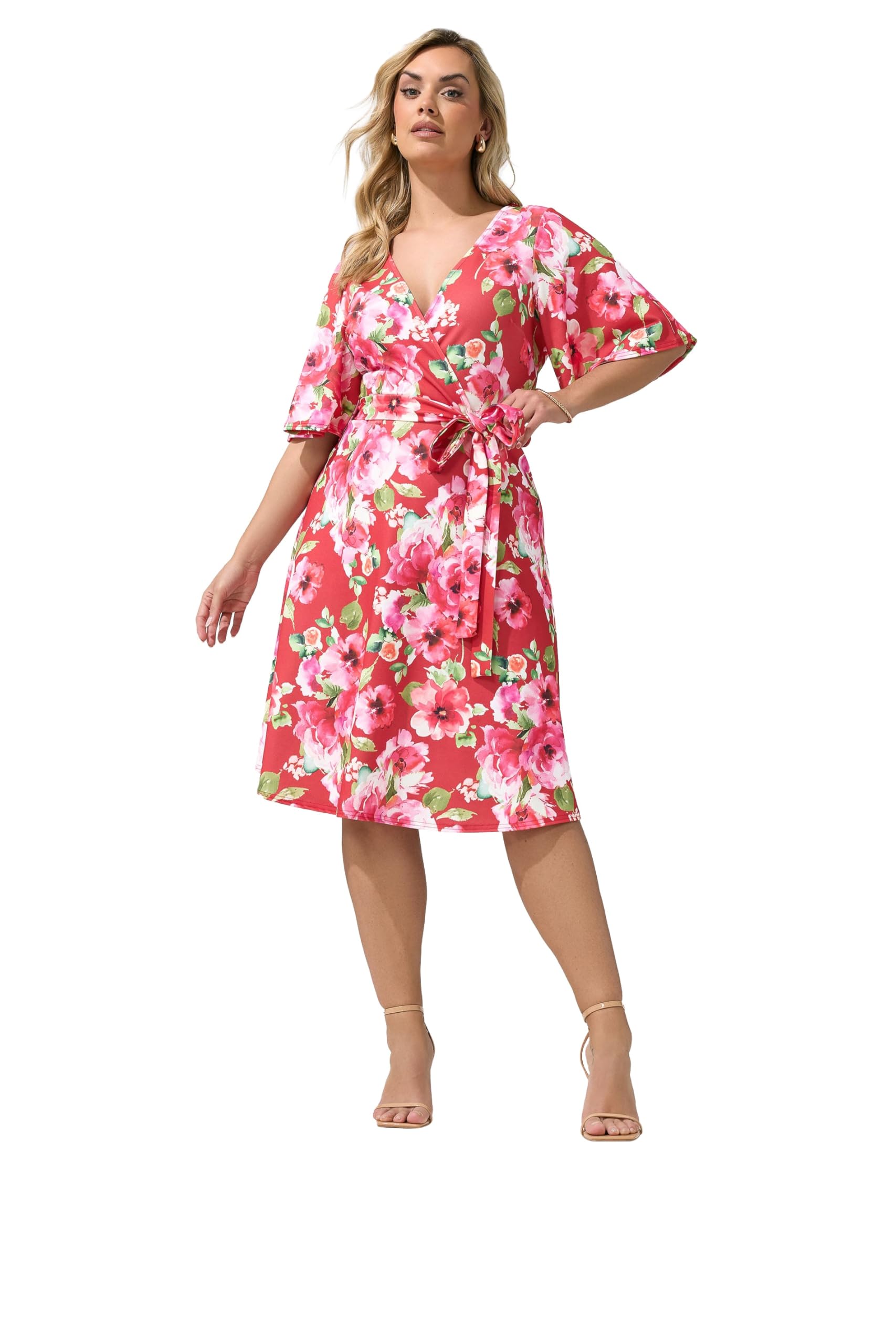 Yours London Curve Floral Wrap Skater Dress - Women's - Plus Size Curve Red