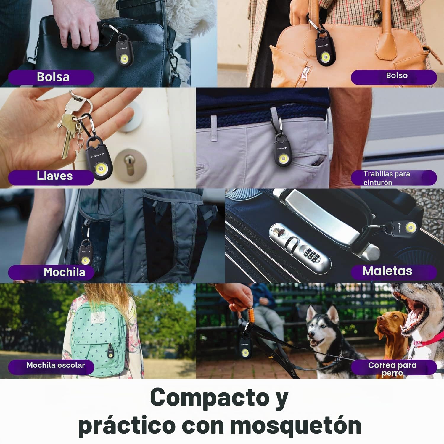 Fosmon - Alarma personal de bolsillo antiagresión | Alarma para Mujer y Hombre | Sirena de 130dB audible hasta 180m | Alarma personal con luz intermitente | Alarma con mosquetón | Paquete de 2 alarmas