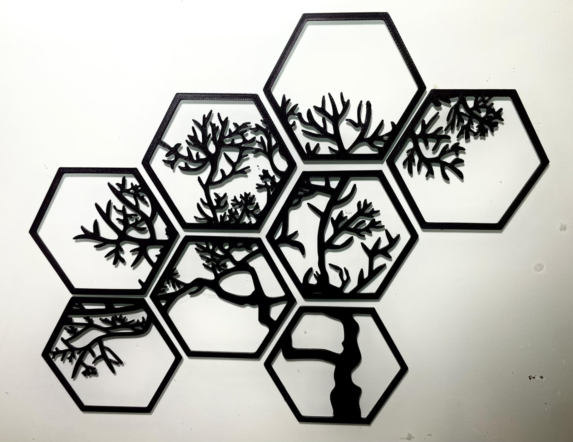 Geometric Hexagon Wall Art Set of 8 | Continuous Bonsai Tree Silhouette Honeycomb Panels | Matte Black Minimalist Home & Office Decor-image-13