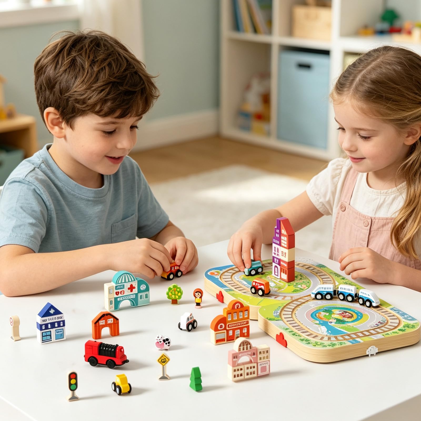 58 Pezzi Circuito Trenino in Legno, Valigetta Pieghevole di Gioco con Costruzioni Città e Auto, Gioco Educativo Montessori, Regalo Bambini 3 4 5 6 Anni