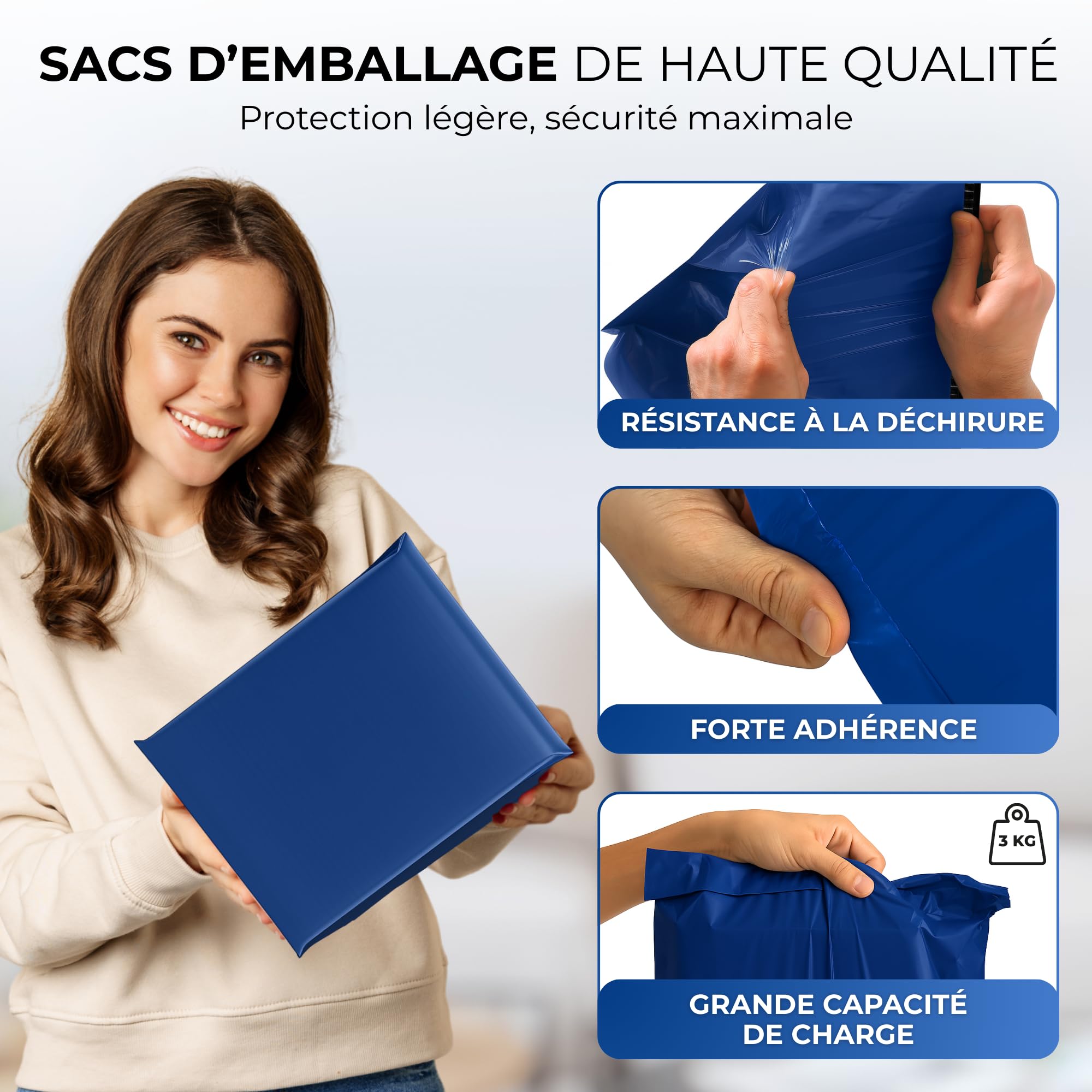Buste in plastica per spedizioni con sacchetto incorporato, confezione da 100 sacchetti in vinile, 25 x 35 cm, confezione resistente in polietilene, chiusura autoadesiva, blu (blu100 m)