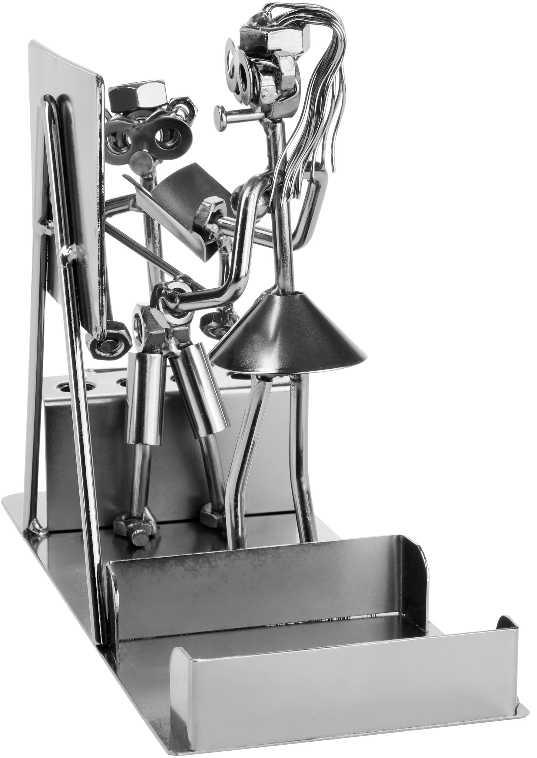 BRUBAKER Schraubenmännchen Lehrerin mit Stiftehalter - Handarbeit Eisenfigur Schule Metallmännchen mit Visitenkartenhalter und Fach für Notizzettel - Metallfigur Geschenkidee