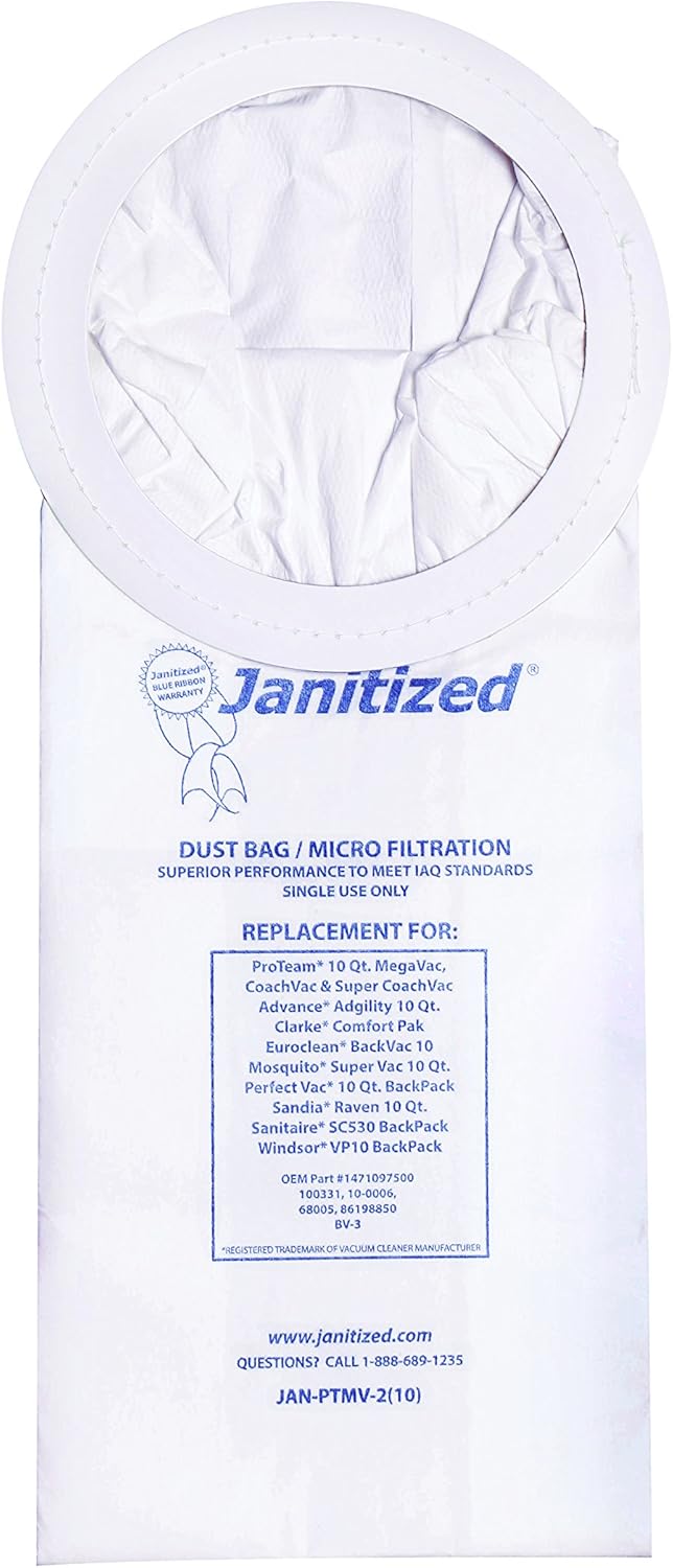 Janitized Vacuum Filters Designed to Fit Most Commercial 10 Qt. Backpack Vacs, 10/Pack