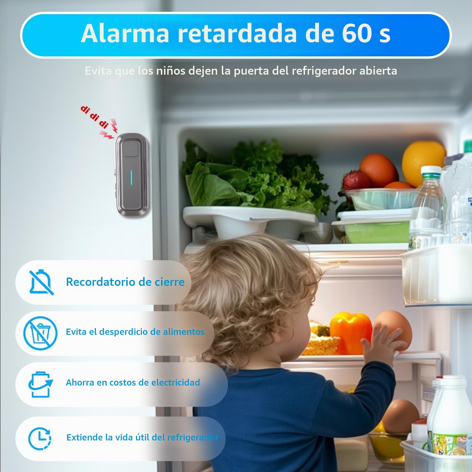Alarma de puerta de frigorífico DAYTECH con retraso de 1/2/3/4 minutos cuando se abre la ventana, alarma de cierre de puertas, recordatorio, sensor de puerta de congelador o timbre de 0 a 120 dB para