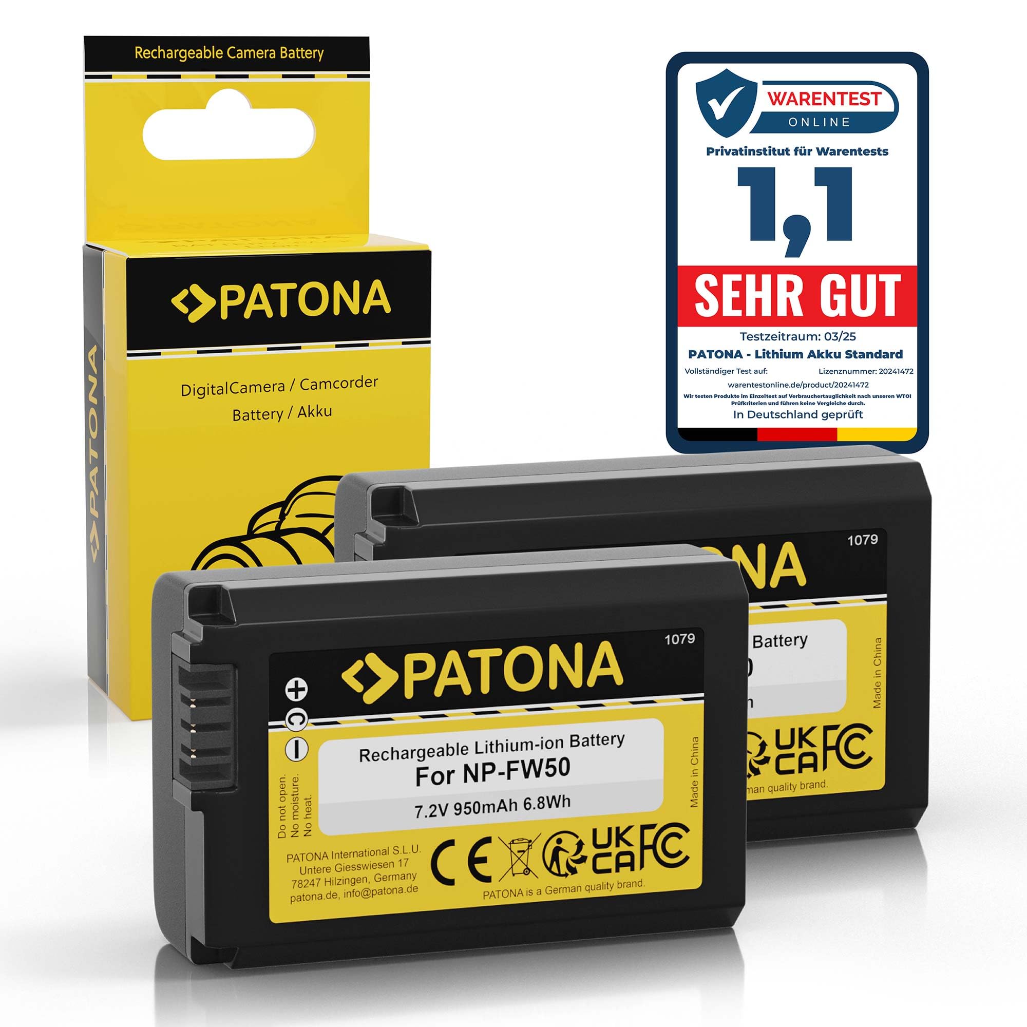 PATONA 2x Batteria NP-FW50 (950mAh) – ricambio per Sony Alpha 6000 6100 6300 6400 6500, ZV-E10, A7 II, A7R II, A5100, NEX, RX10 II–IV – si ricarica nel caricabatterie originale